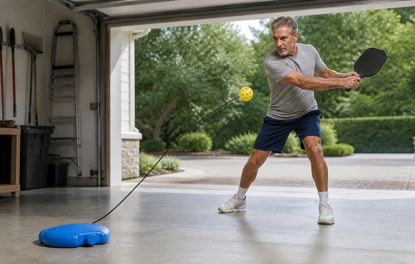 A player using the paddlivo rebound trainer on a patio